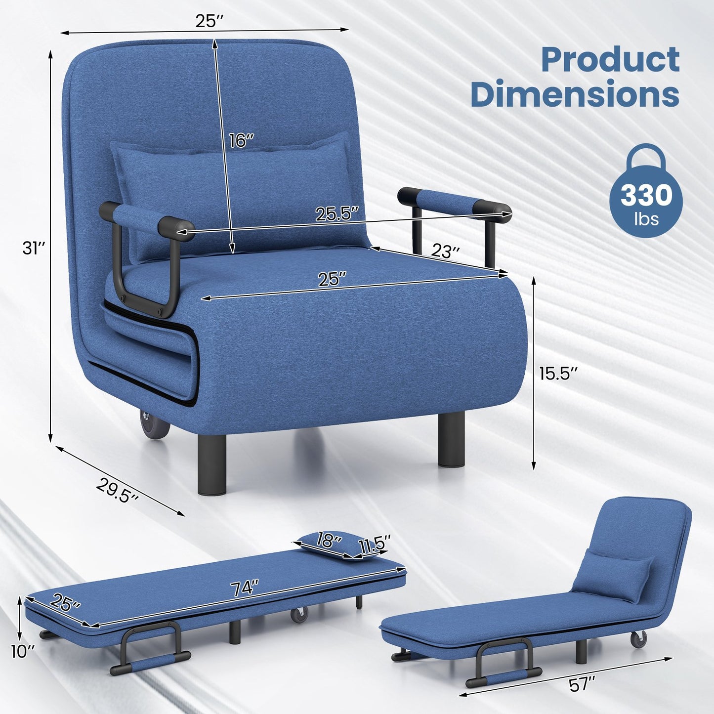 Modern 3 in 1 Sofa Chair Lounger Bed with Adjustable Backrest and Support Pillow in Blue