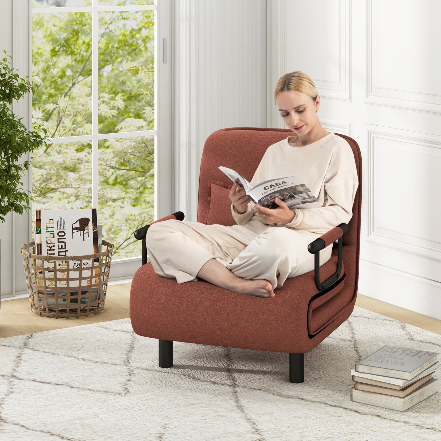 Modern 3 in 1 Sofa Chair Lounger Bed with Adjustable Backrest and Support Pillow in Brown
