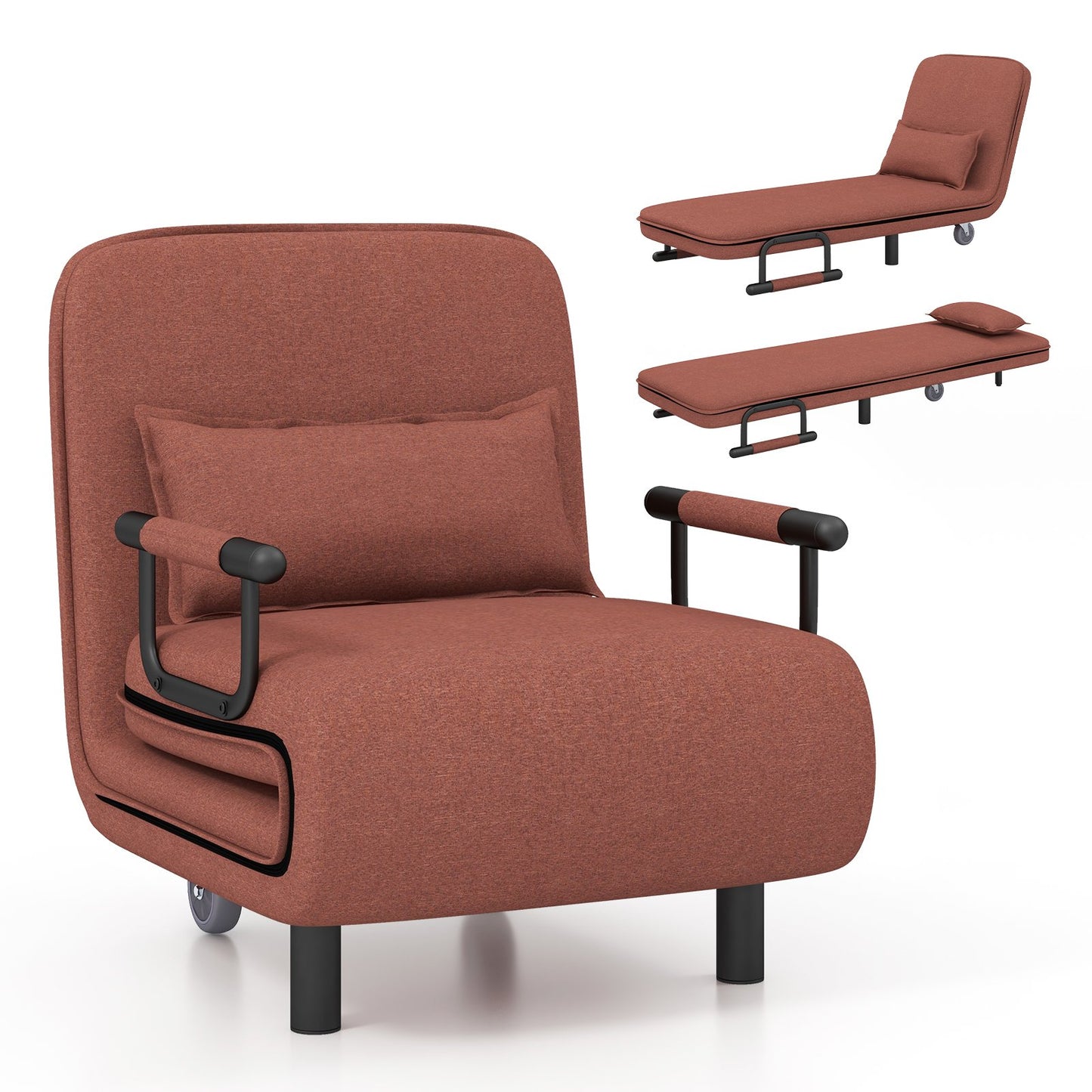 Modern 3 in 1 Sofa Chair Lounger Bed with Adjustable Backrest and Support Pillow in Brown