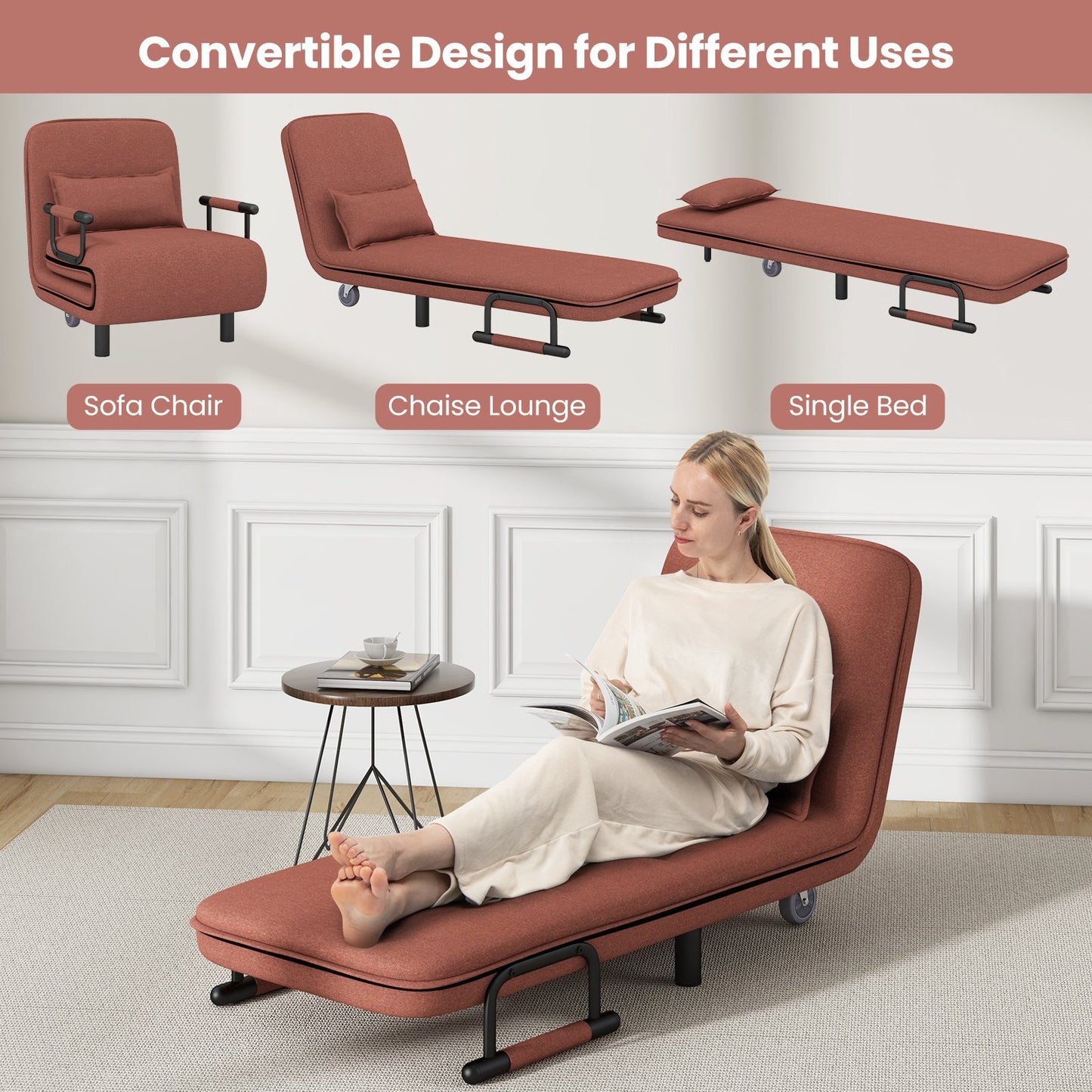 Modern 3 in 1 Sofa Chair Lounger Bed with Adjustable Backrest and Support Pillow in Brown