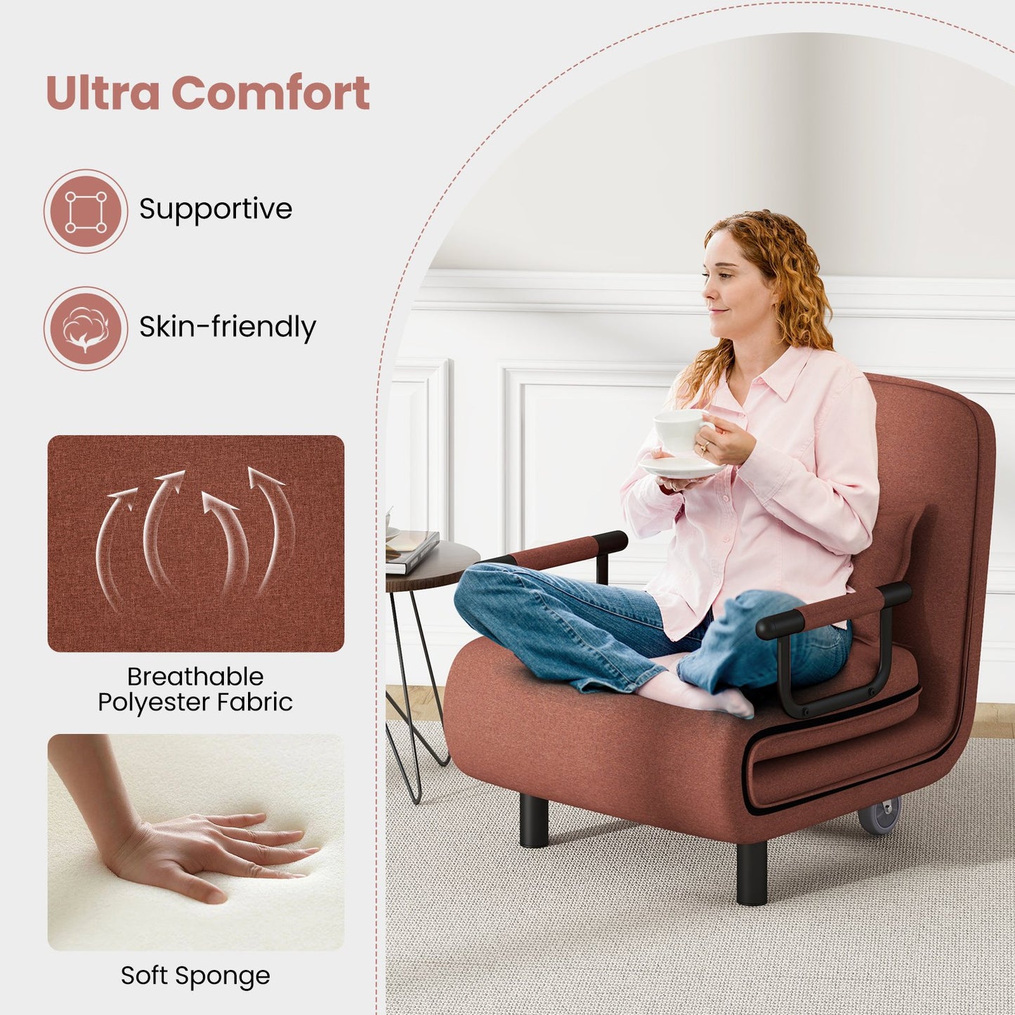 Modern 3 in 1 Sofa Chair Lounger Bed with Adjustable Backrest and Support Pillow in Brown