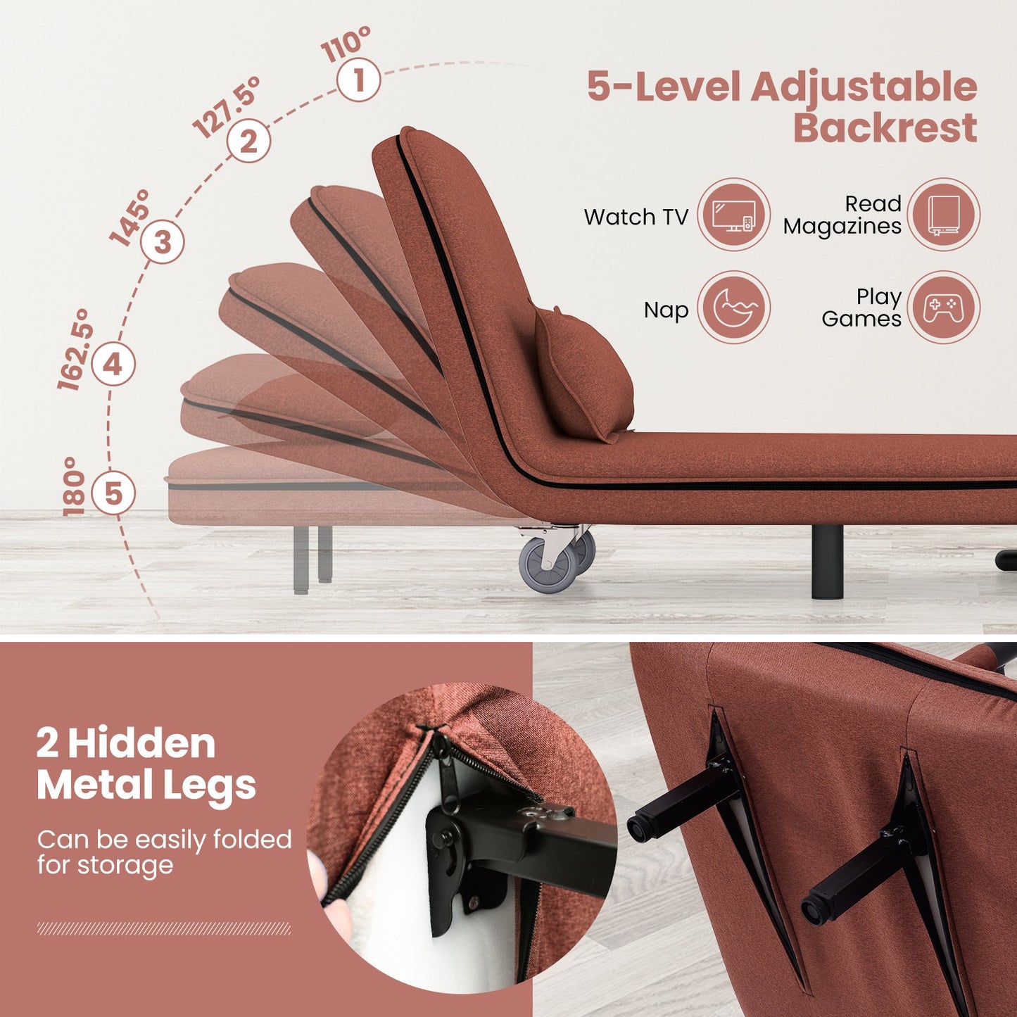Modern 3 in 1 Sofa Chair Lounger Bed with Adjustable Backrest and Support Pillow in Brown
