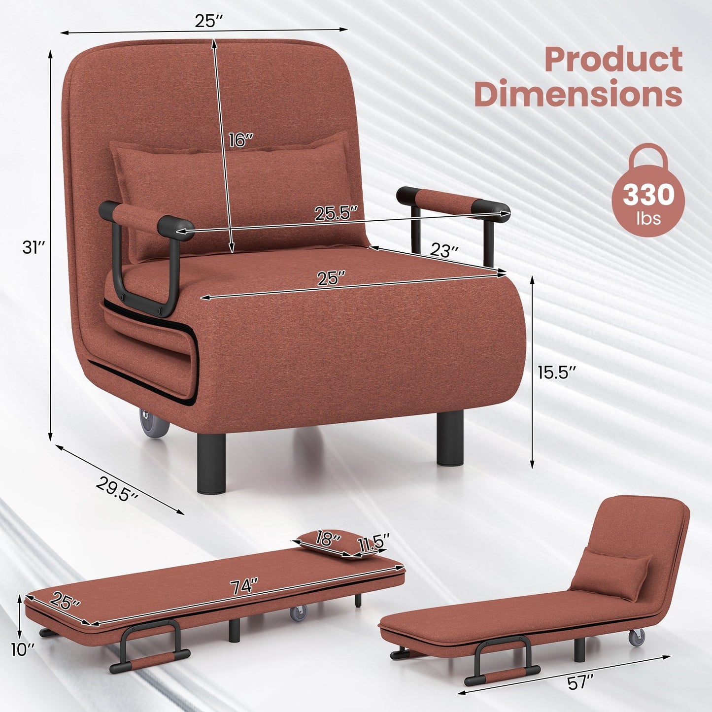 Modern 3 in 1 Sofa Chair Lounger Bed with Adjustable Backrest and Support Pillow in Brown
