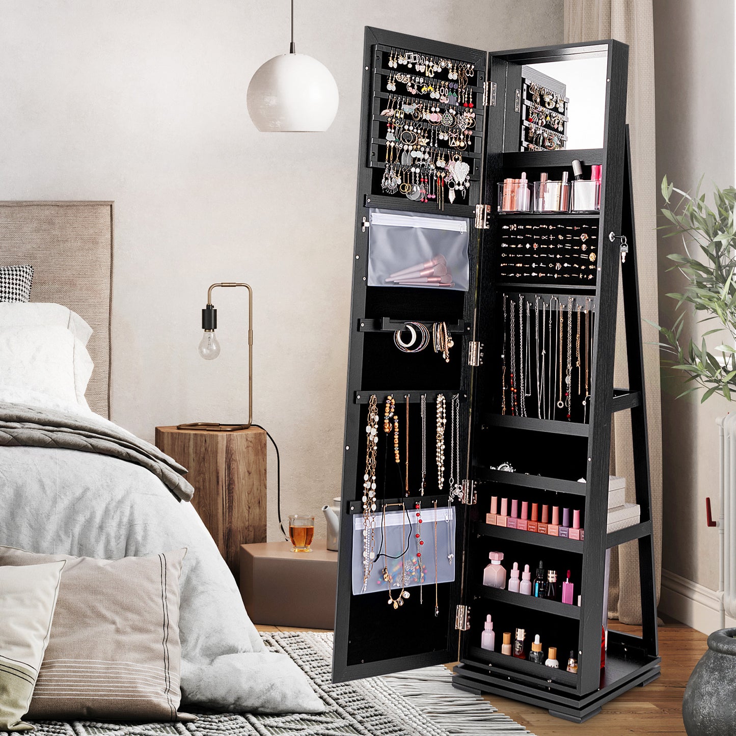 360 Degree Rotating Jewelry Armoire with Lockable Storage and Full Length Mirror in Black