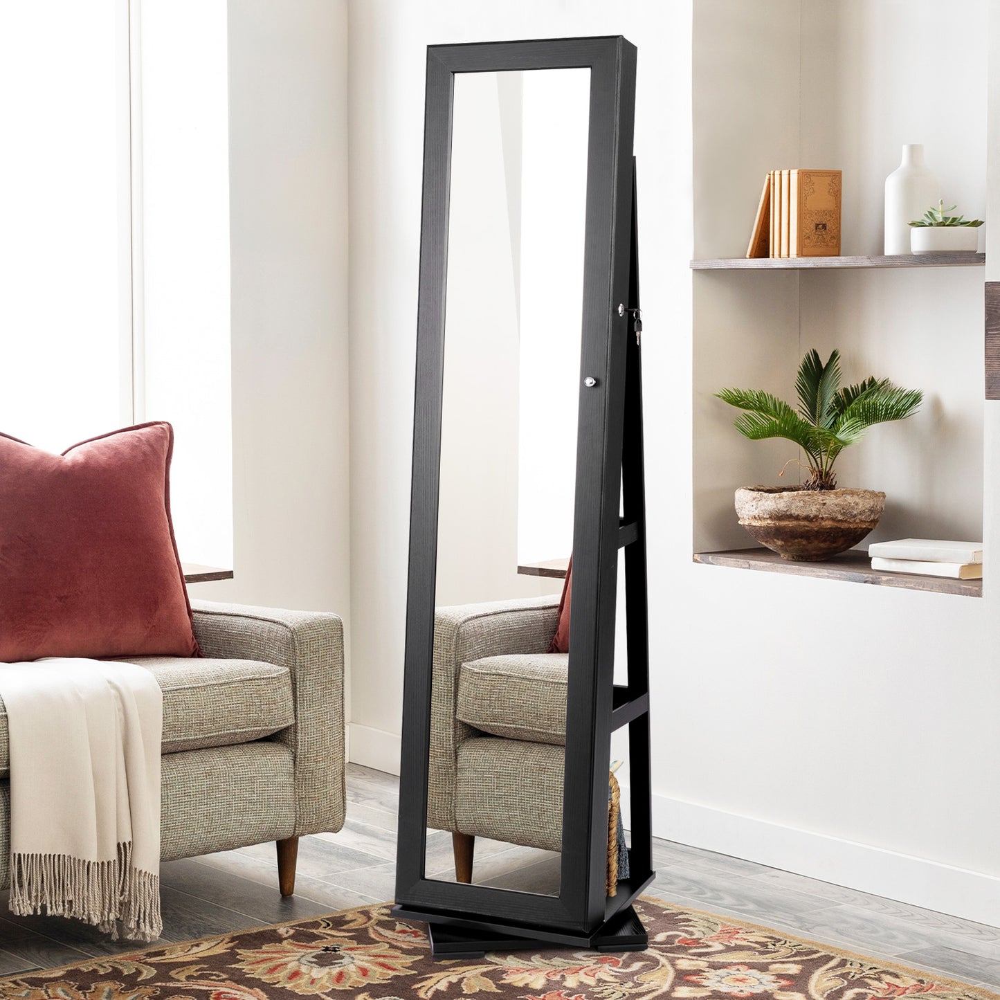 360 Degree Rotating Jewelry Armoire with Lockable Storage and Full Length Mirror in Black