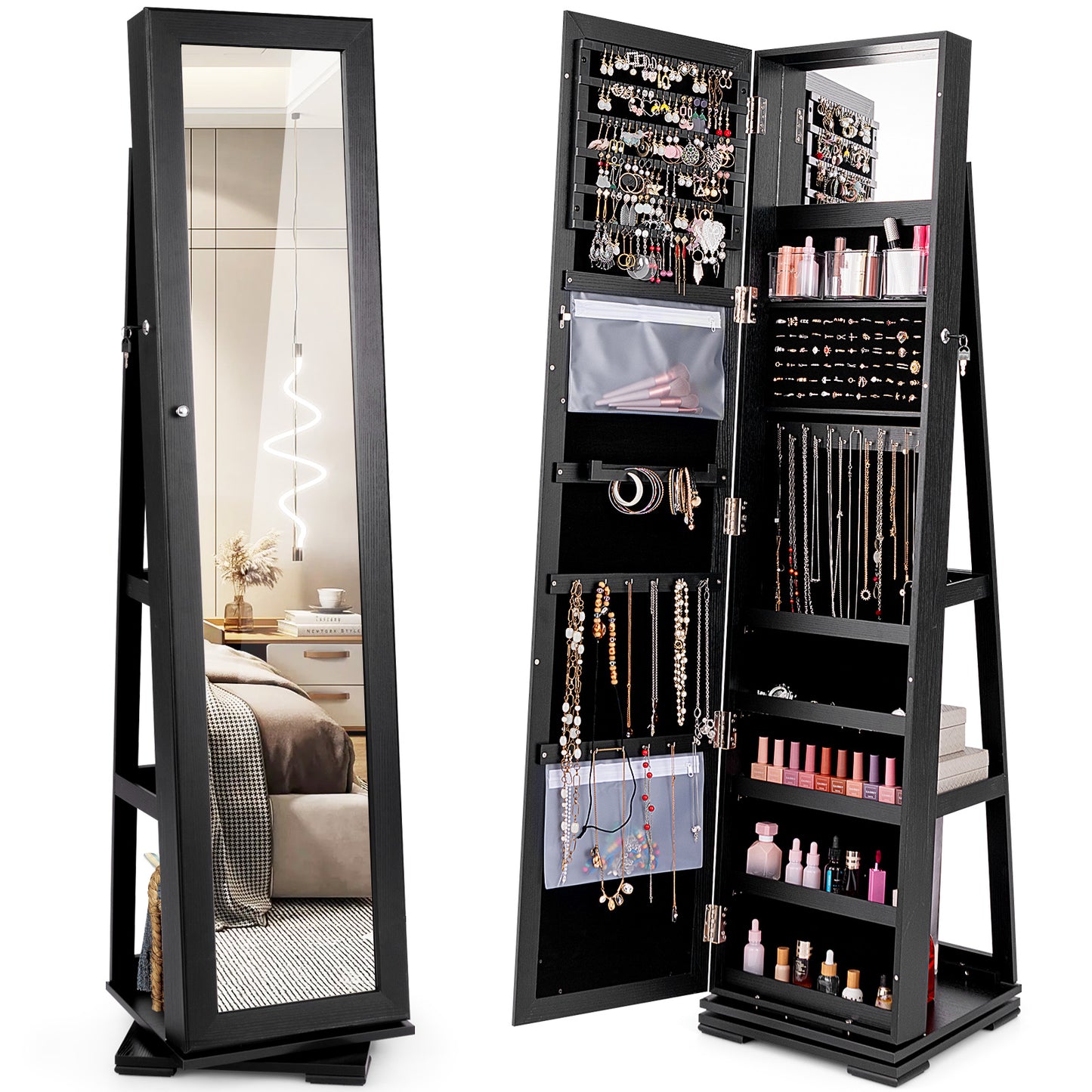 360 Degree Rotating Jewelry Armoire with Lockable Storage and Full Length Mirror in Black