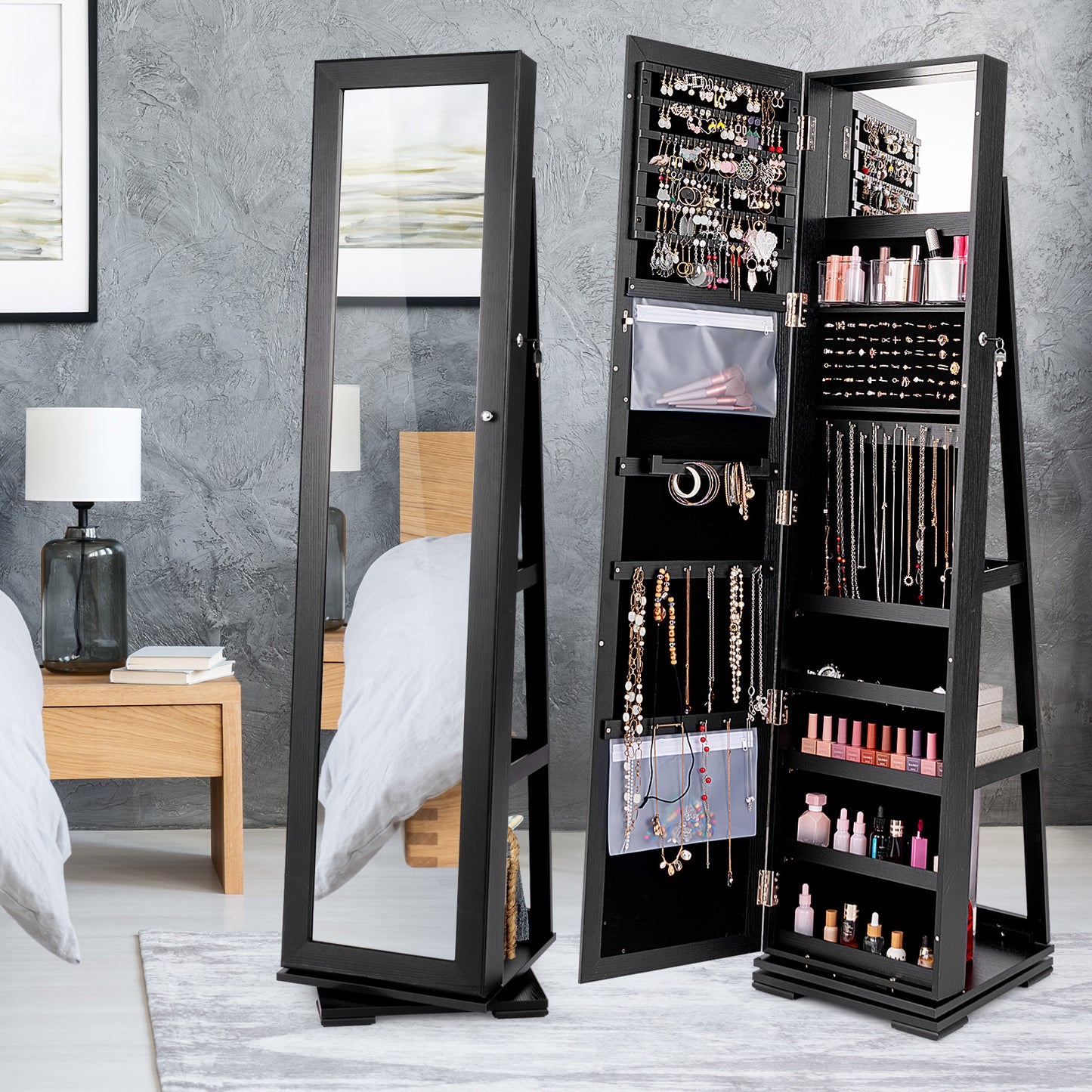 360 Degree Rotating Jewelry Armoire with Lockable Storage and Full Length Mirror in Black