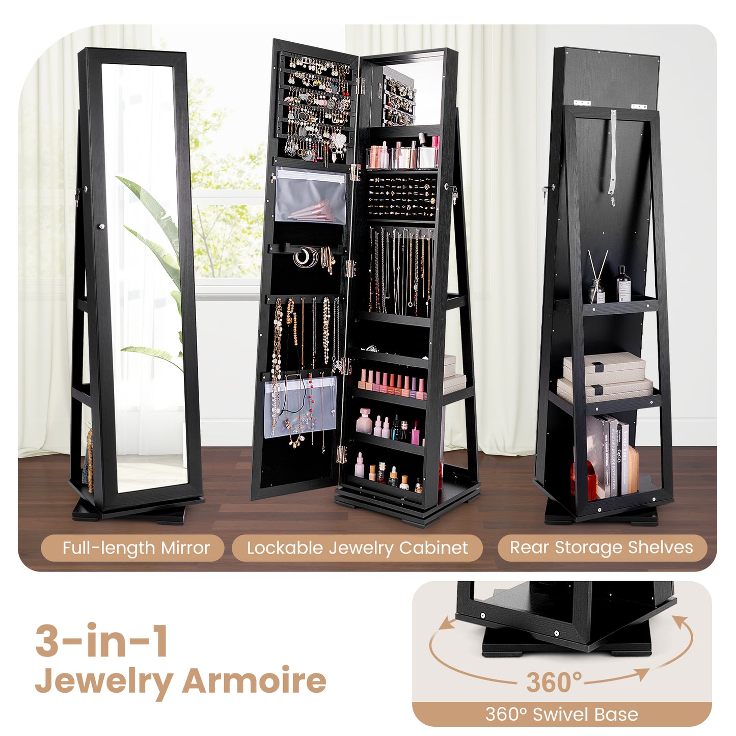 360 Degree Rotating Jewelry Armoire with Lockable Storage and Full Length Mirror in Black