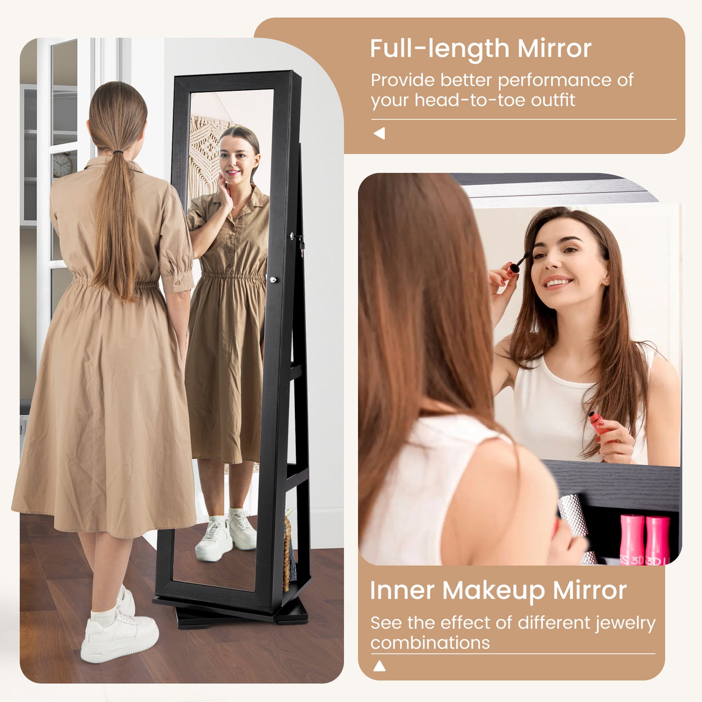 360 Degree Rotating Jewelry Armoire with Lockable Storage and Full Length Mirror in Black