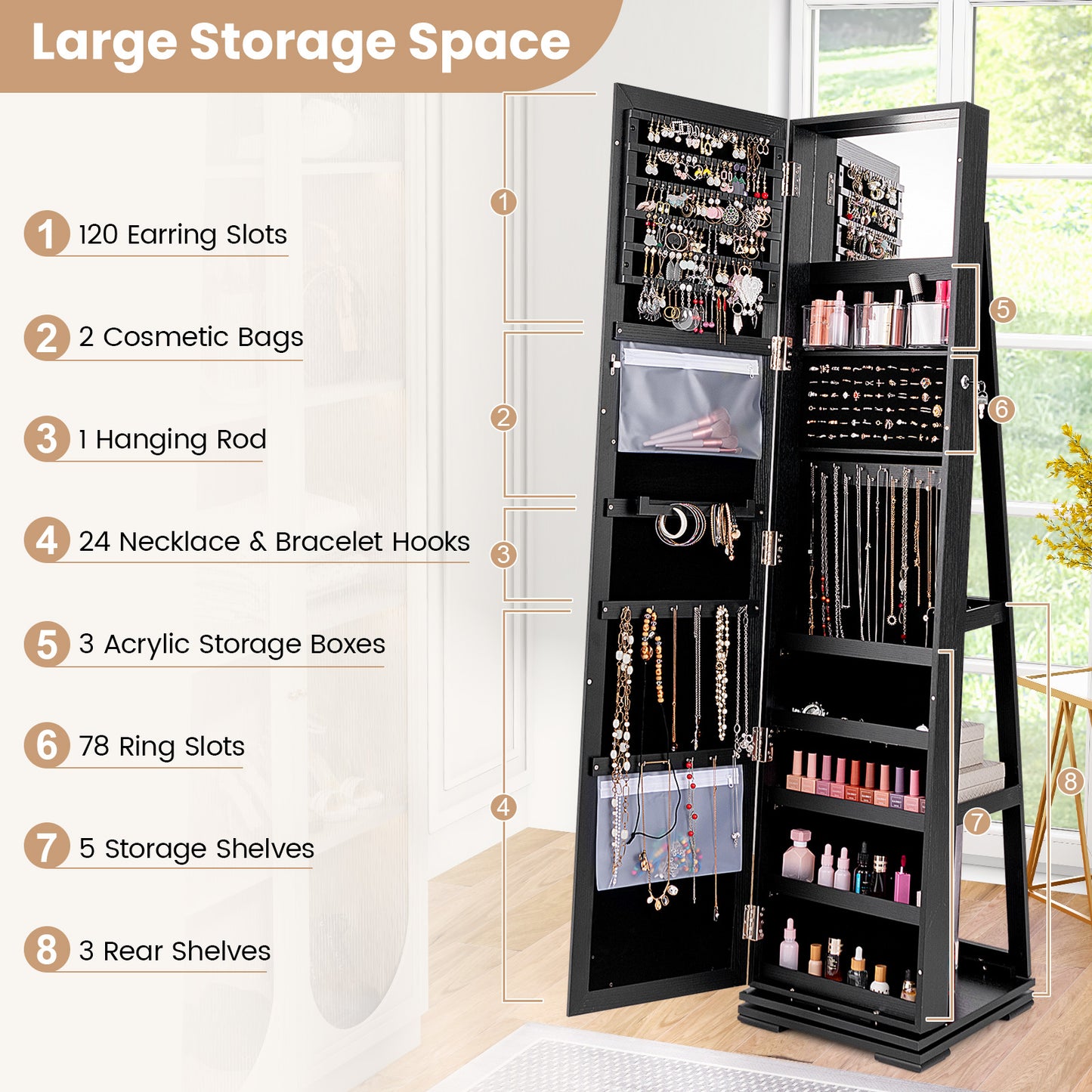 360 Degree Rotating Jewelry Armoire with Lockable Storage and Full Length Mirror in Black