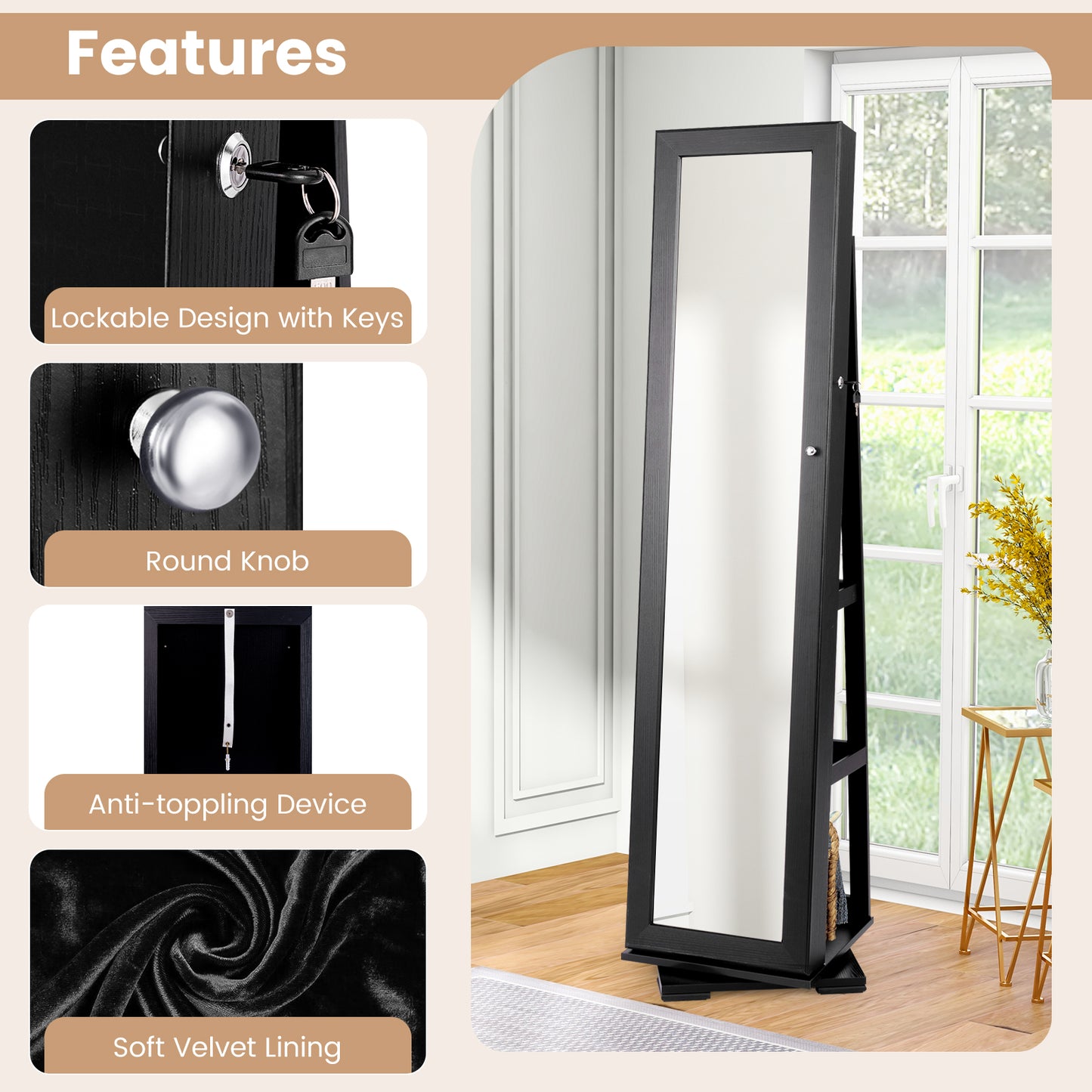 360 Degree Rotating Jewelry Armoire with Lockable Storage and Full Length Mirror in Black