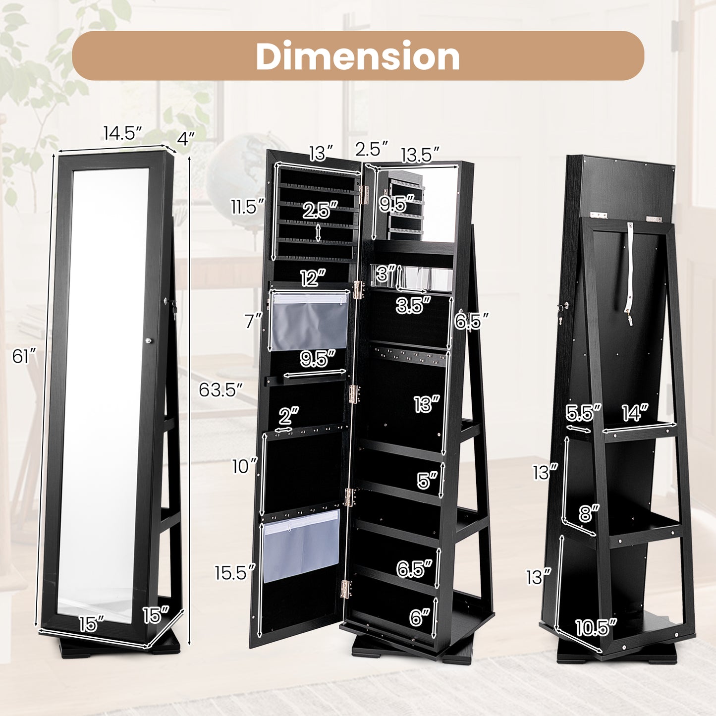 360 Degree Rotating Jewelry Armoire with Lockable Storage and Full Length Mirror in Black