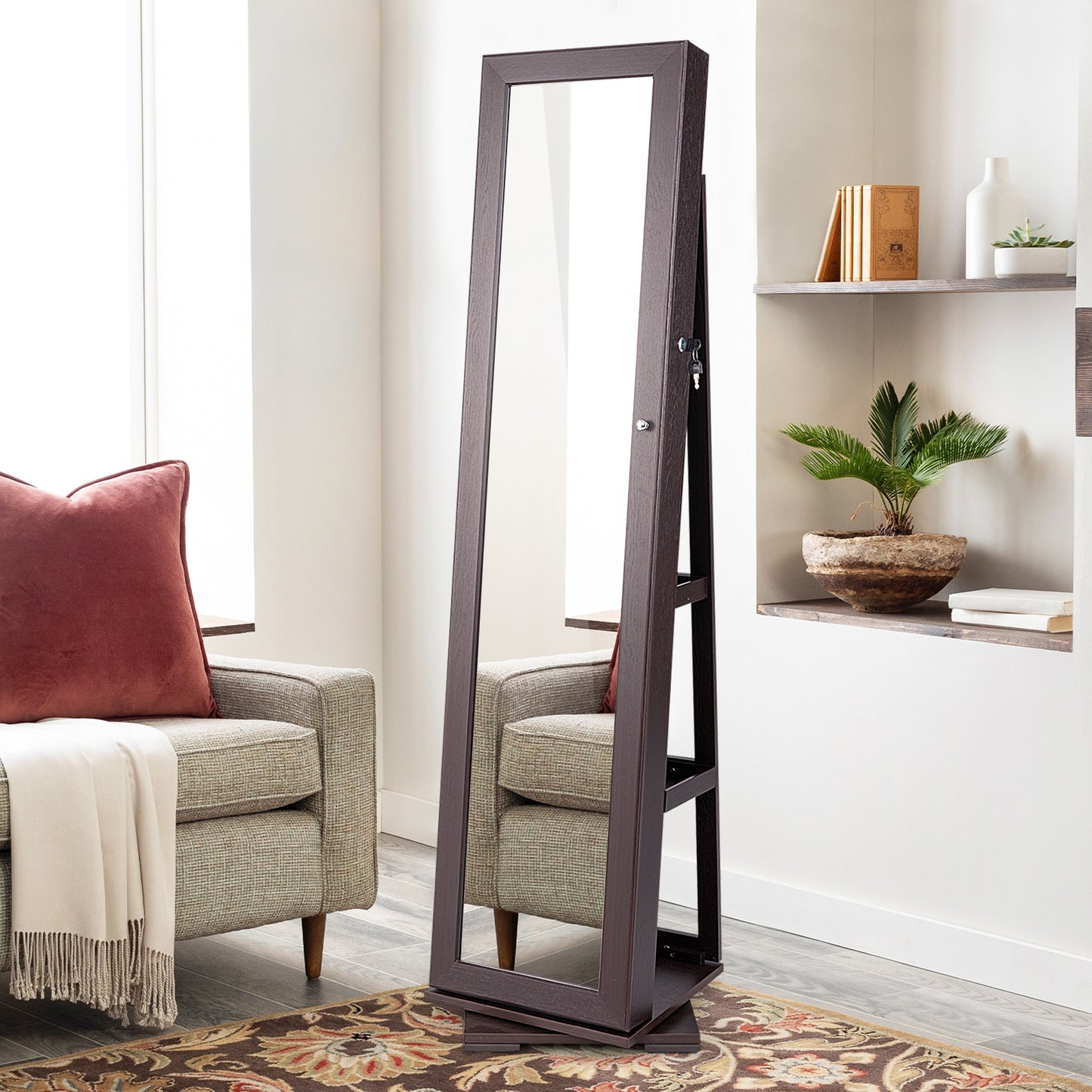 360 Degree Rotating Jewelry Armoire with Lockable Storage and Full Length Mirror in Dark Brown