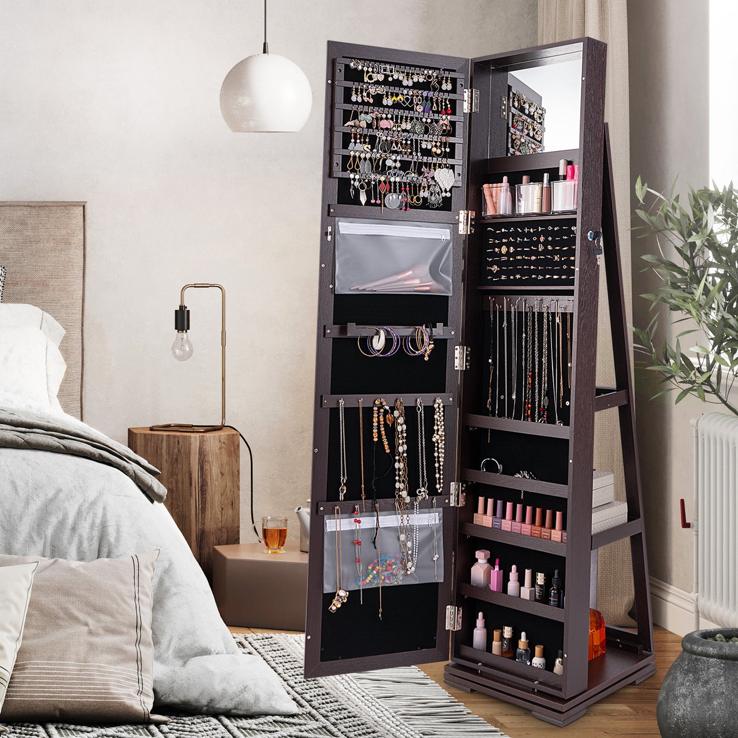 360 Degree Rotating Jewelry Armoire with Lockable Storage and Full Length Mirror in Dark Brown