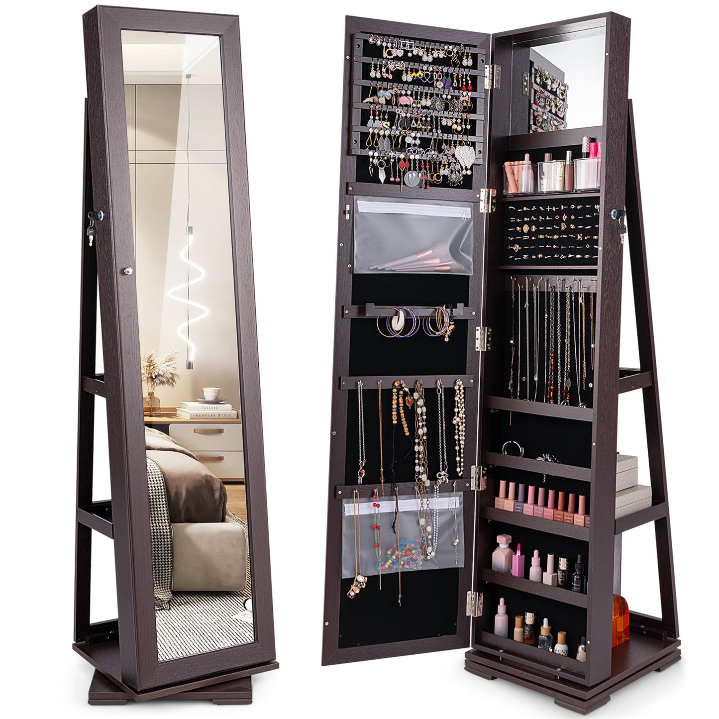 360 Degree Rotating Jewelry Armoire with Lockable Storage and Full Length Mirror in Dark Brown