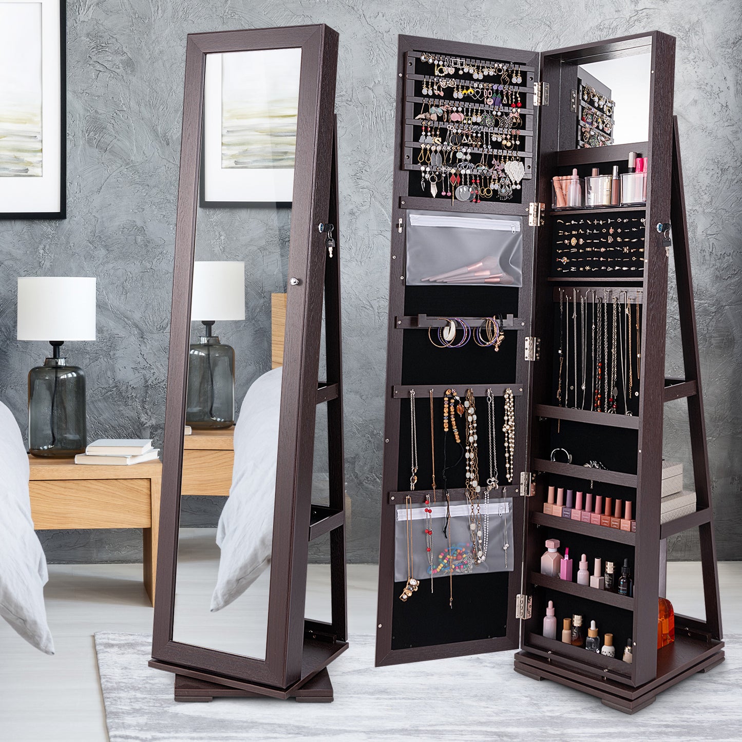 360 Degree Rotating Jewelry Armoire with Lockable Storage and Full Length Mirror in Dark Brown