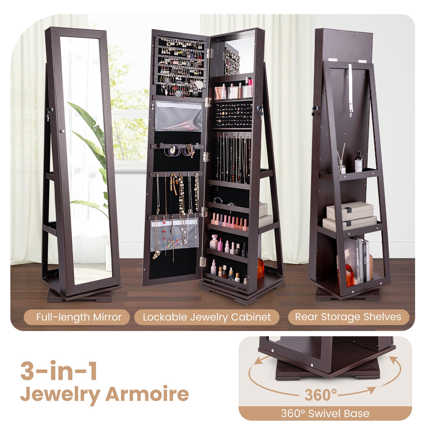 360 Degree Rotating Jewelry Armoire with Lockable Storage and Full Length Mirror in Dark Brown