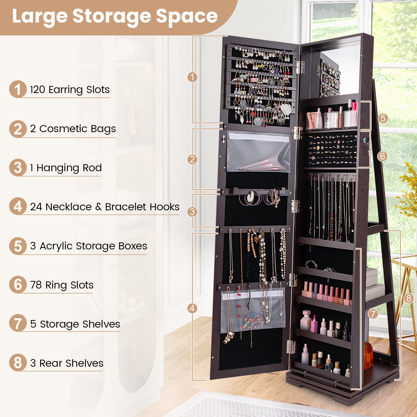 360 Degree Rotating Jewelry Armoire with Lockable Storage and Full Length Mirror in Dark Brown