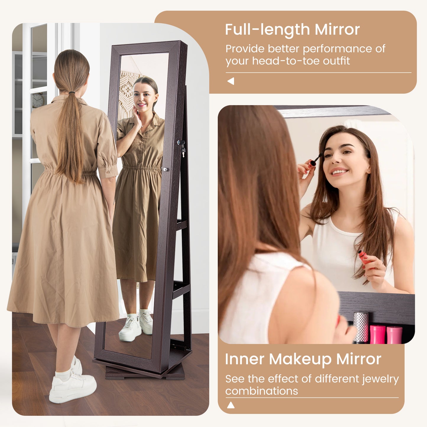 360 Degree Rotating Jewelry Armoire with Lockable Storage and Full Length Mirror in Dark Brown