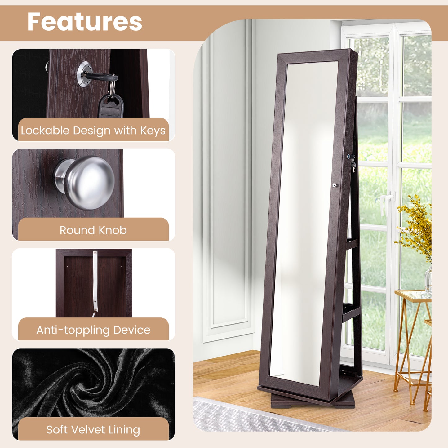 360 Degree Rotating Jewelry Armoire with Lockable Storage and Full Length Mirror in Dark Brown