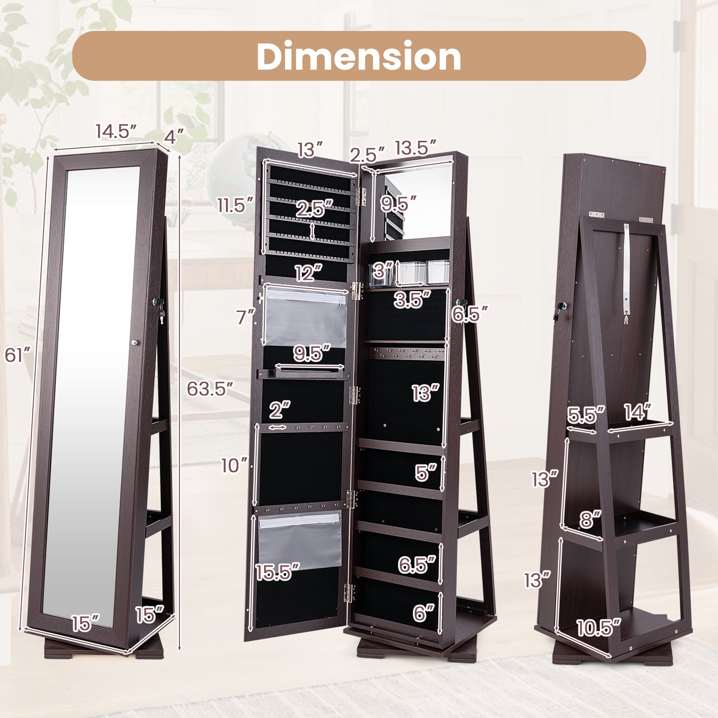 360 Degree Rotating Jewelry Armoire with Lockable Storage and Full Length Mirror in Dark Brown
