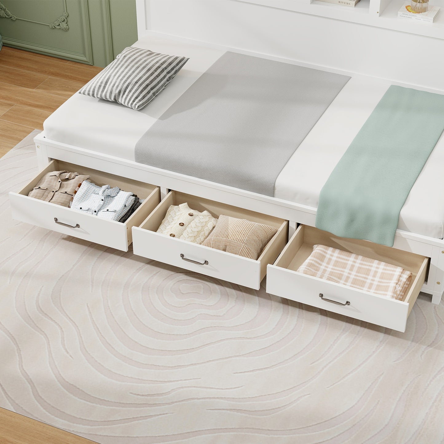 Wooden Daybed with 3 Drawers and Storage Shelves for Bedroom or Living Room - Full Size
