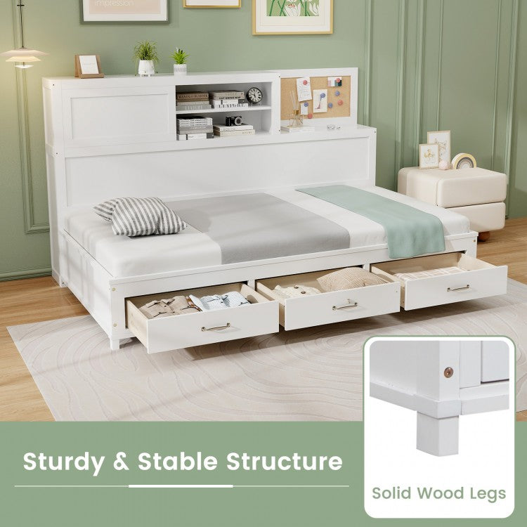 Wooden Daybed with 3 Drawers and Storage Shelves for Bedroom or Living Room - Full Size