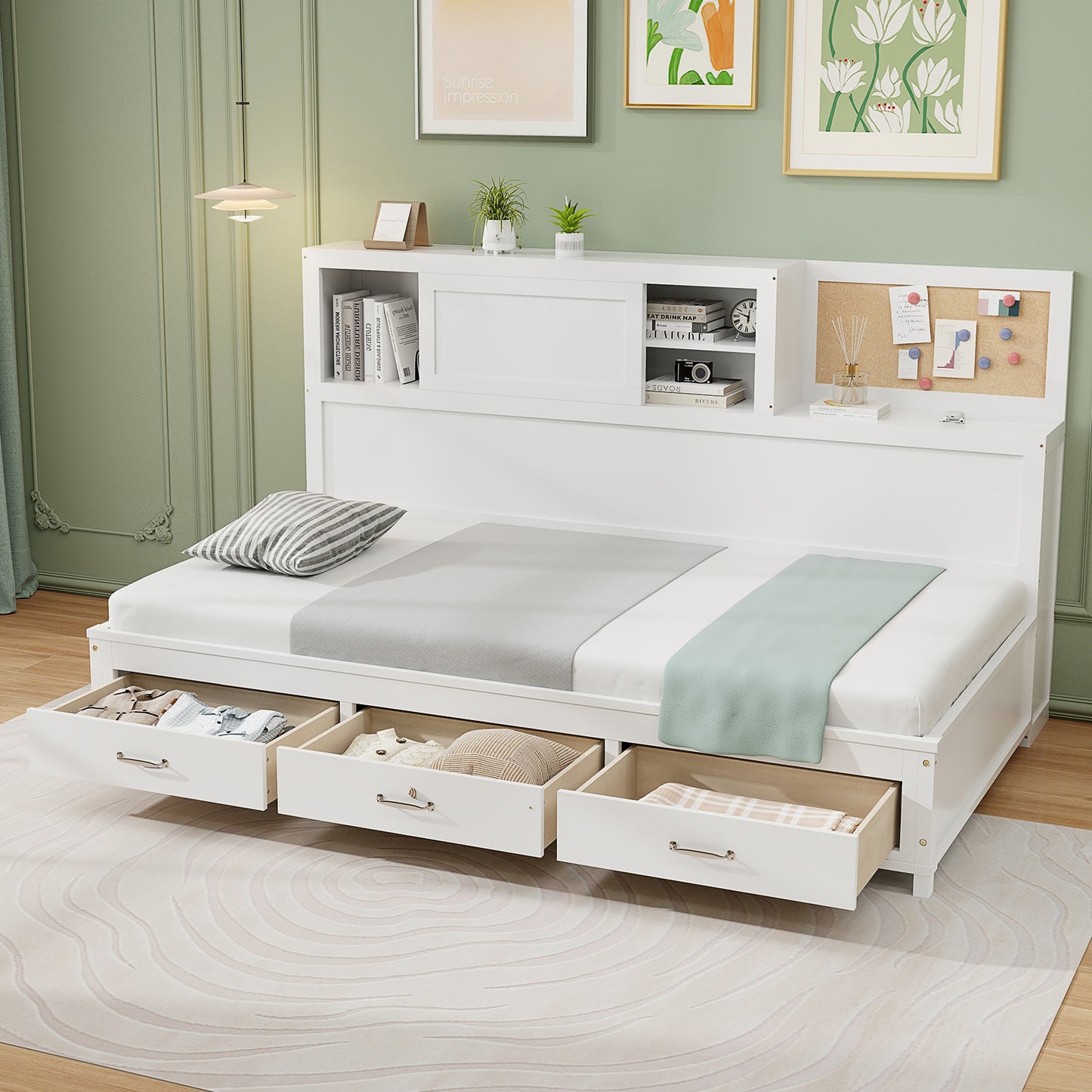 Wooden Daybed with 3 Drawers and Storage Shelves for Bedroom or Living Room - Full Size