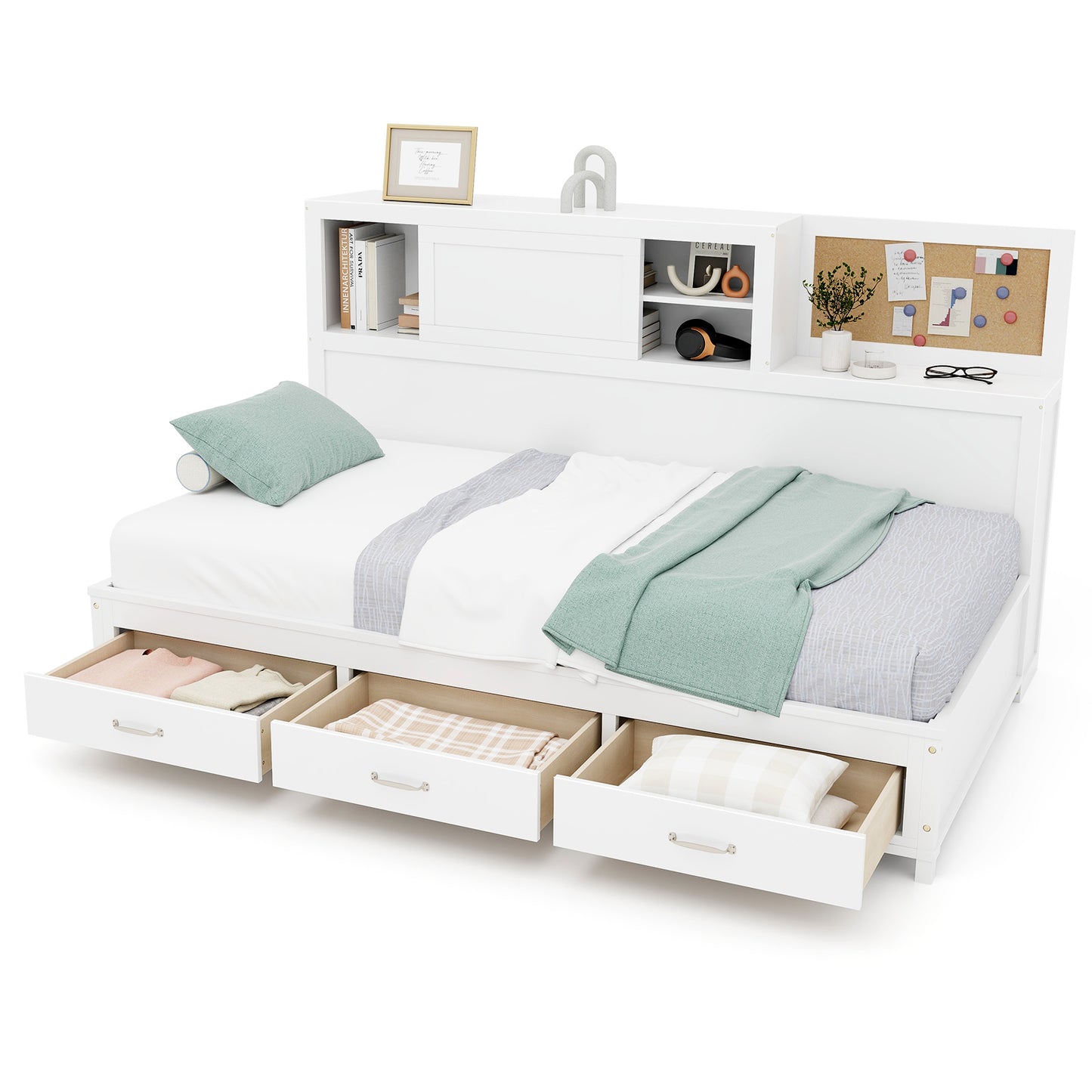 Wooden Daybed with 3 Drawers and Storage Shelves for Bedroom or Living Room - Full Size