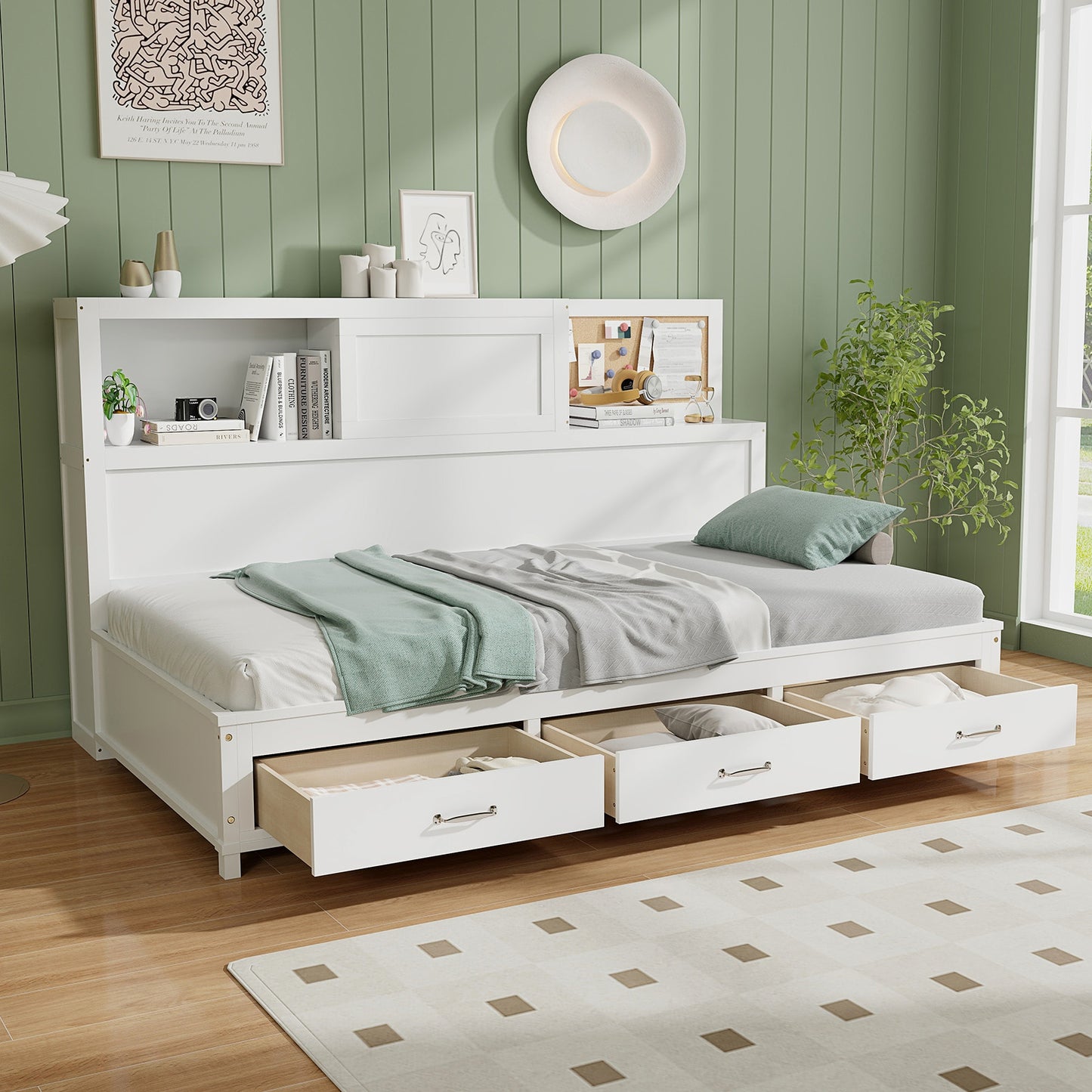 Wooden Daybed with 3 Drawers and Storage Shelves for Bedroom or Living Room - Full Size