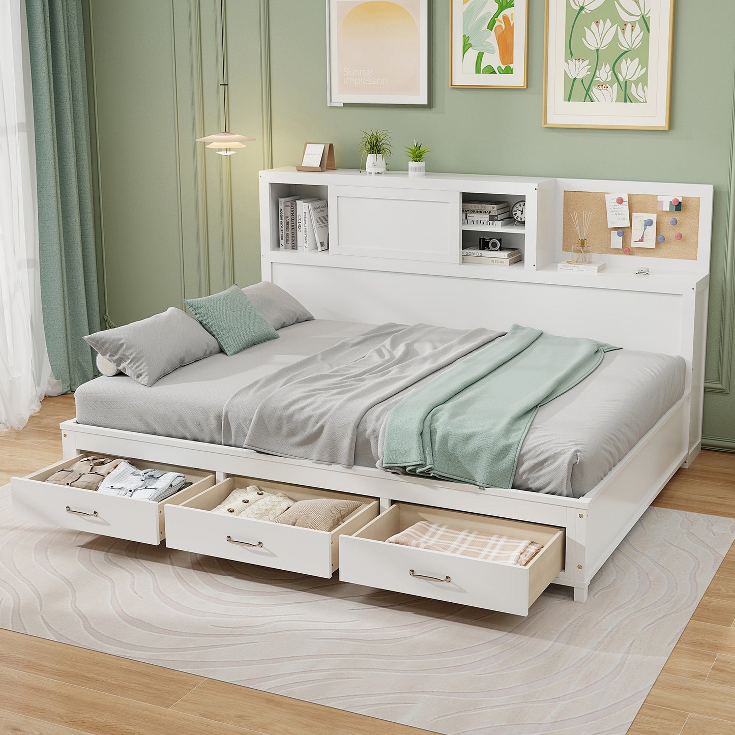 Wooden Daybed with 3 Drawers and Storage Shelves for Bedroom or Living Room - Twin Size