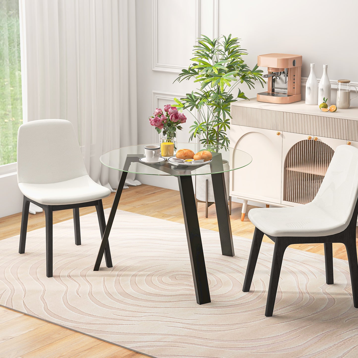 Round Glass Dining Table for 4 with Solid Wood Base 36 Inch Black Finish