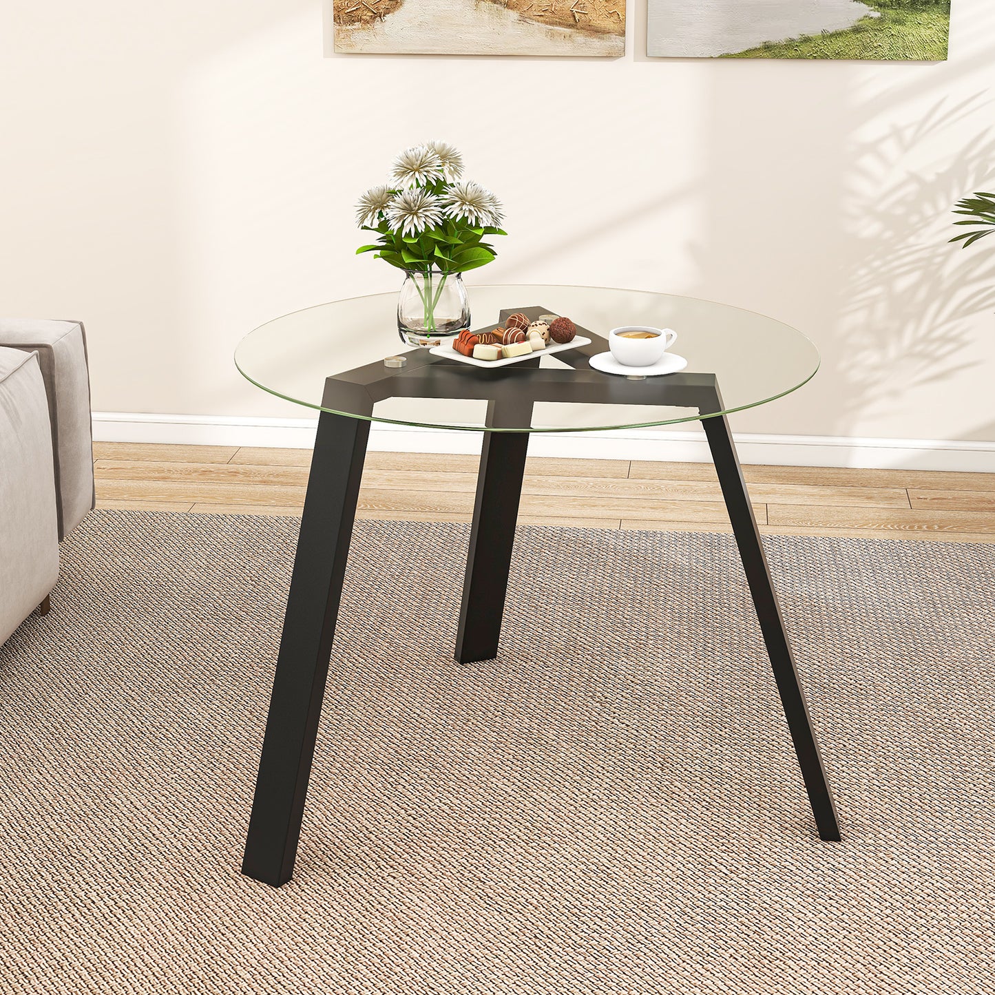 Round Glass Dining Table for 4 with Solid Wood Base 36 Inch Black Finish