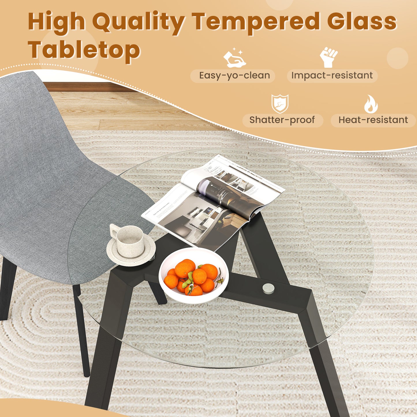 Round Glass Dining Table for 4 with Solid Wood Base 36 Inch Black Finish