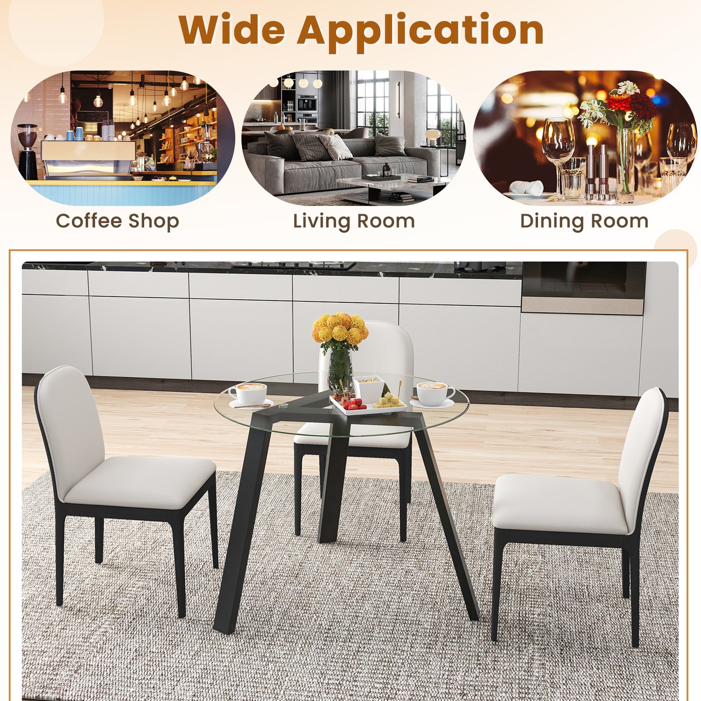 Round Glass Dining Table for 4 with Solid Wood Base 36 Inch Black Finish