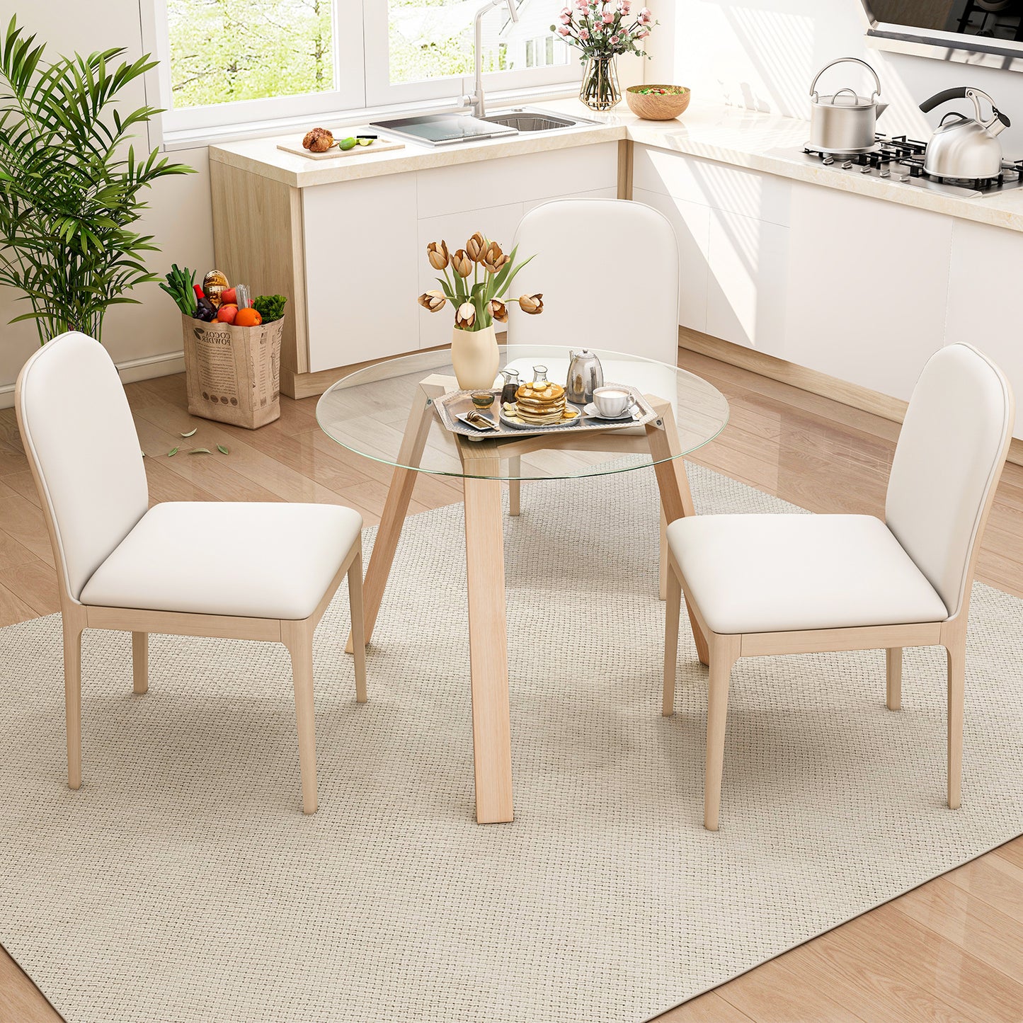Round Glass Dining Table for 4 with Solid Wood Base 36 Inch Natural Finish