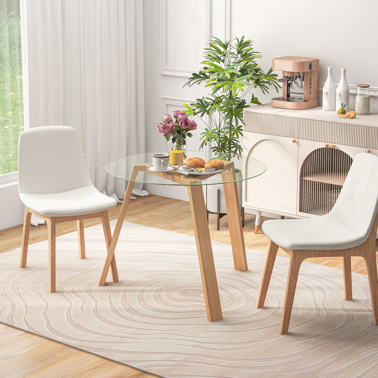 Round Glass Dining Table for 4 with Solid Wood Base 36 Inch Natural Finish