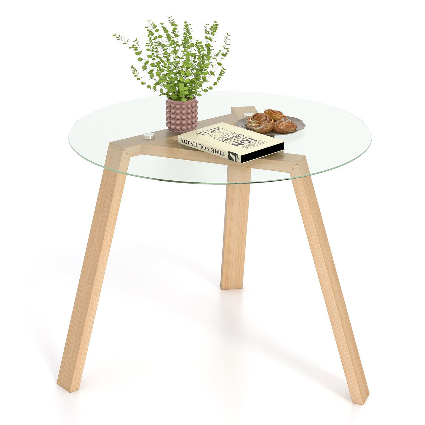 Round Glass Dining Table for 4 with Solid Wood Base 36 Inch Natural Finish