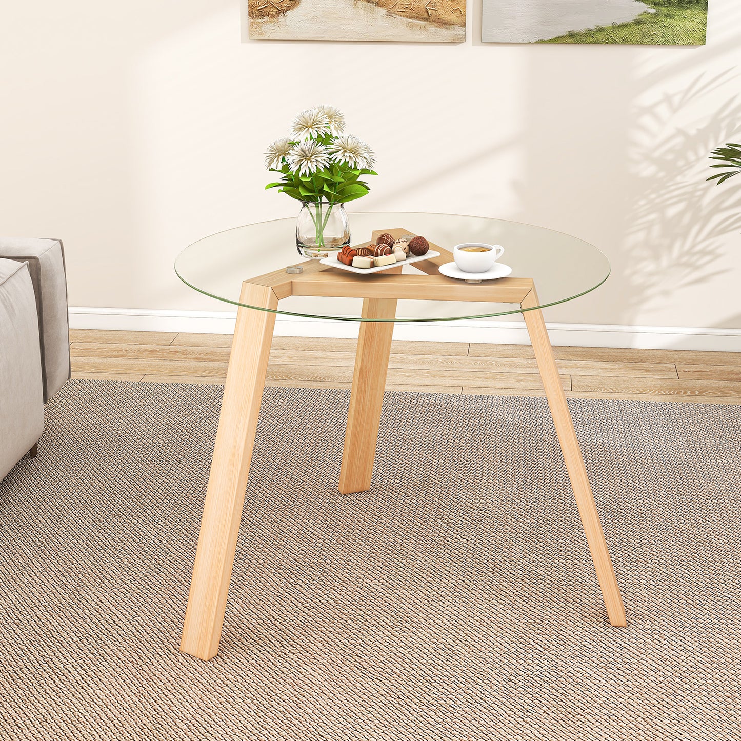 Round Glass Dining Table for 4 with Solid Wood Base 36 Inch Natural Finish