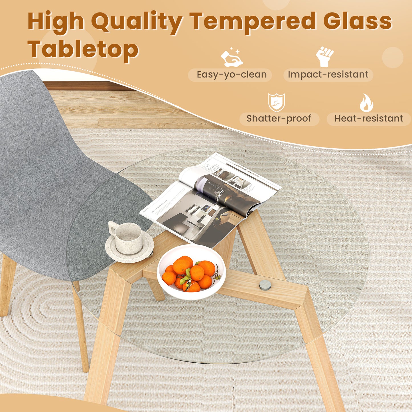 Round Glass Dining Table for 4 with Solid Wood Base 36 Inch Natural Finish