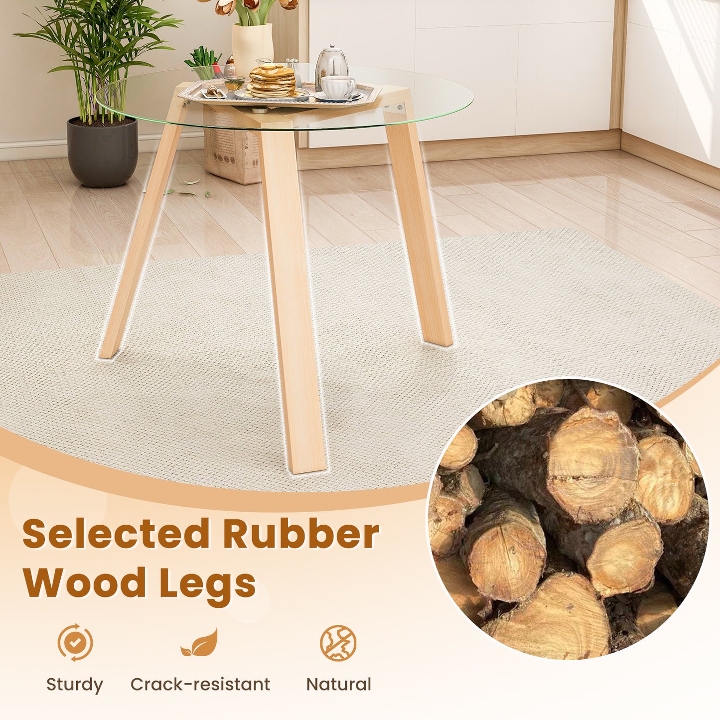 Round Glass Dining Table for 4 with Solid Wood Base 36 Inch Natural Finish