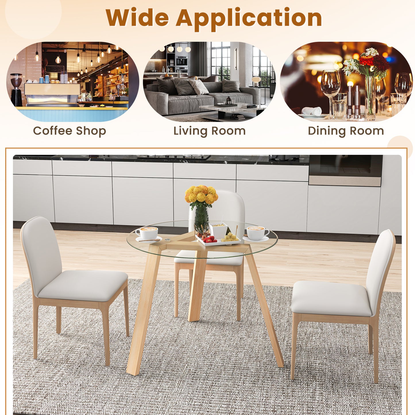 Round Glass Dining Table for 4 with Solid Wood Base 36 Inch Natural Finish