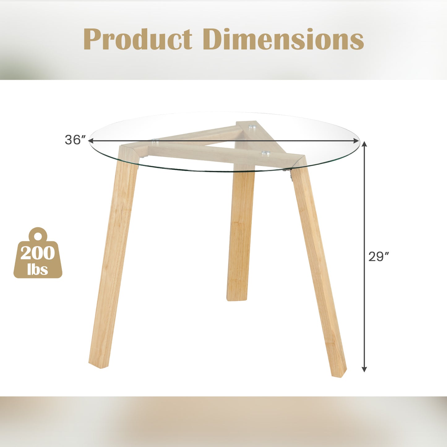 Round Glass Dining Table for 4 with Solid Wood Base 36 Inch Natural Finish
