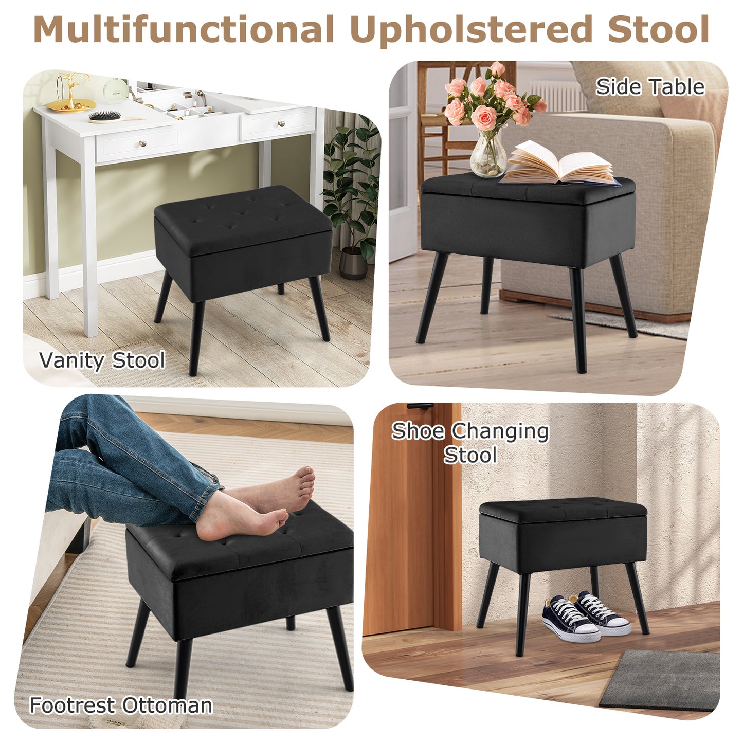 Elegant Velvet Storage Ottoman with Padded Seat and Wood Legs - Black