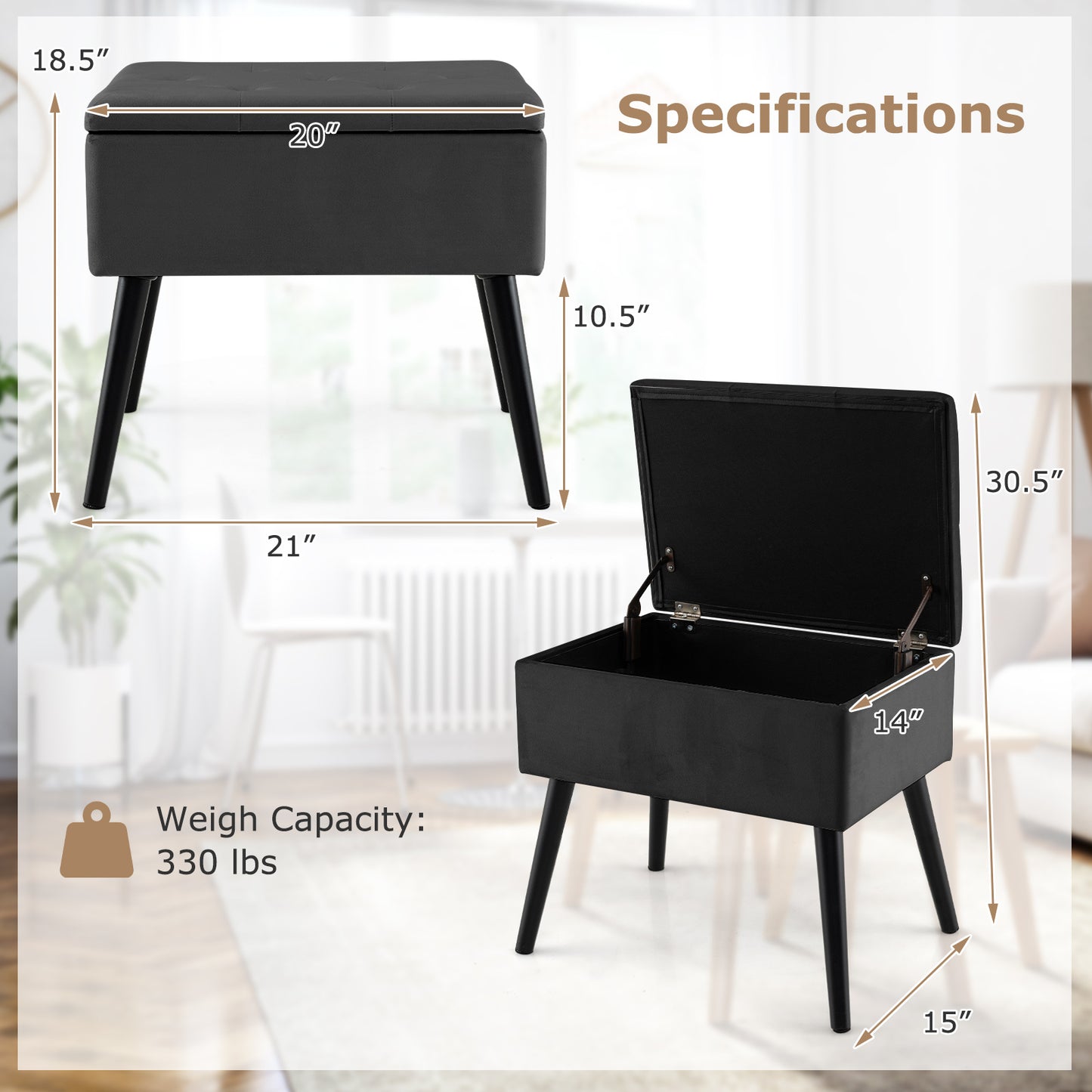 Elegant Velvet Storage Ottoman with Padded Seat and Wood Legs - Black