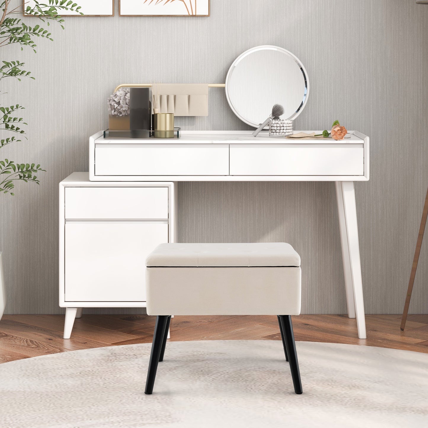 Elegant Velvet Storage Ottoman with Padded Seat and Wood Legs - Beige