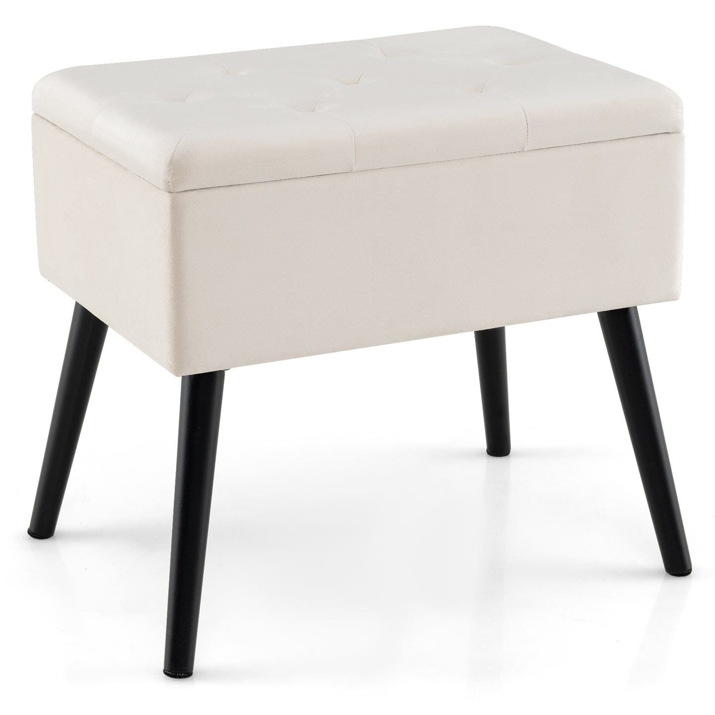 Elegant Velvet Storage Ottoman with Padded Seat and Wood Legs - Beige