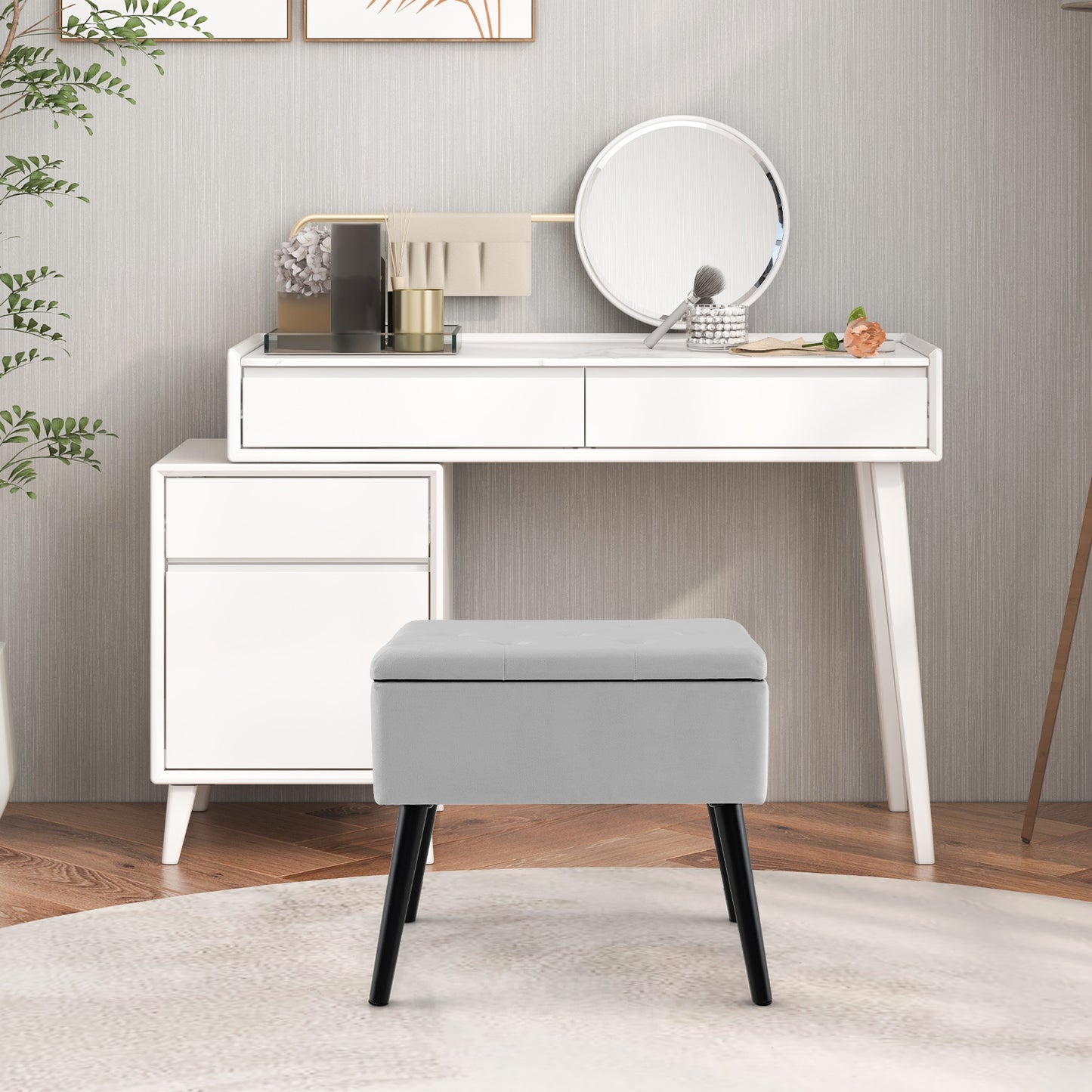 Elegant Velvet Storage Ottoman with Padded Seat and Wood Legs - Grey