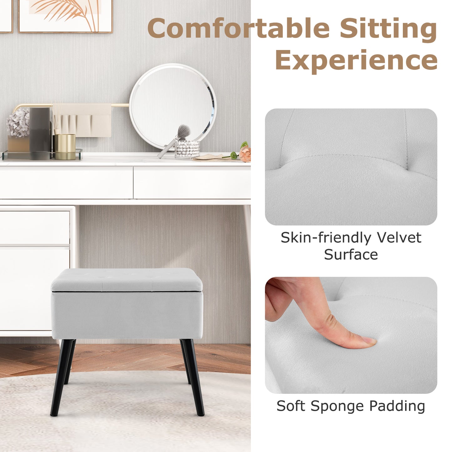 Elegant Velvet Storage Ottoman with Padded Seat and Wood Legs - Grey