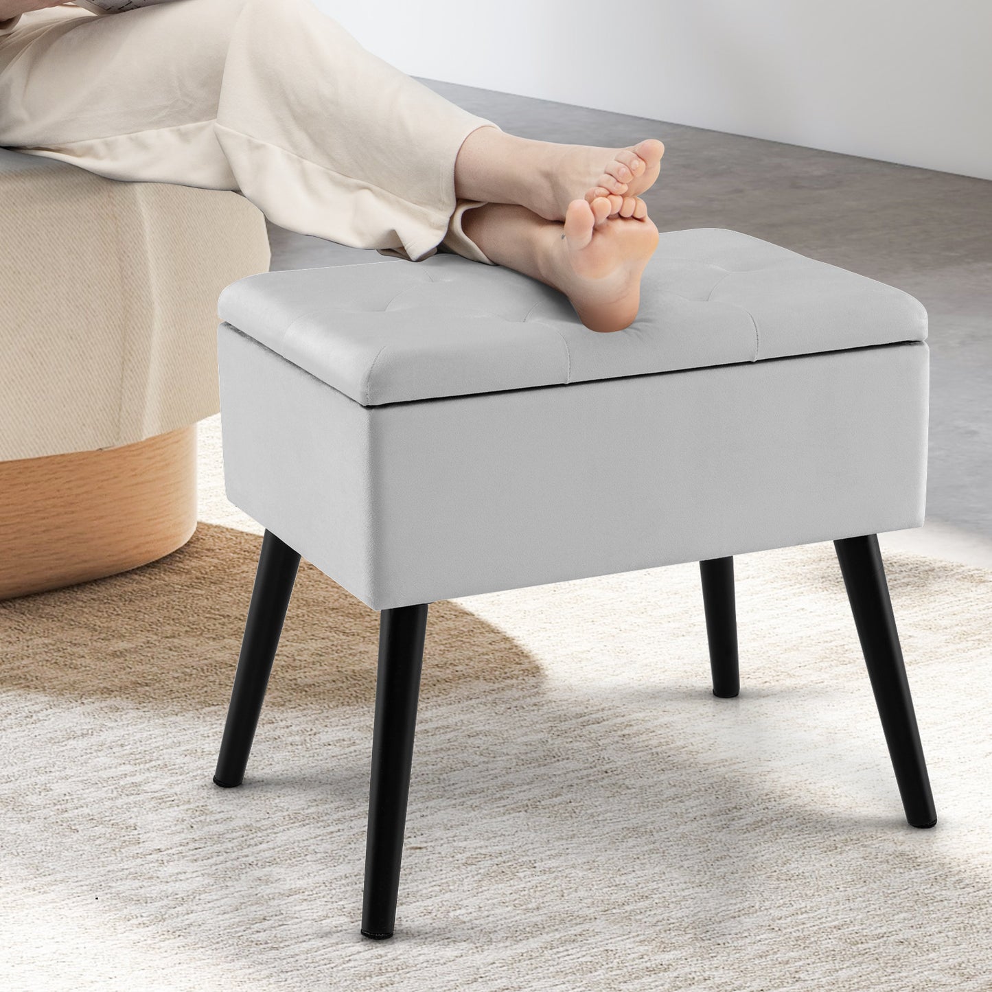 Elegant Velvet Storage Ottoman with Padded Seat and Wood Legs - Grey
